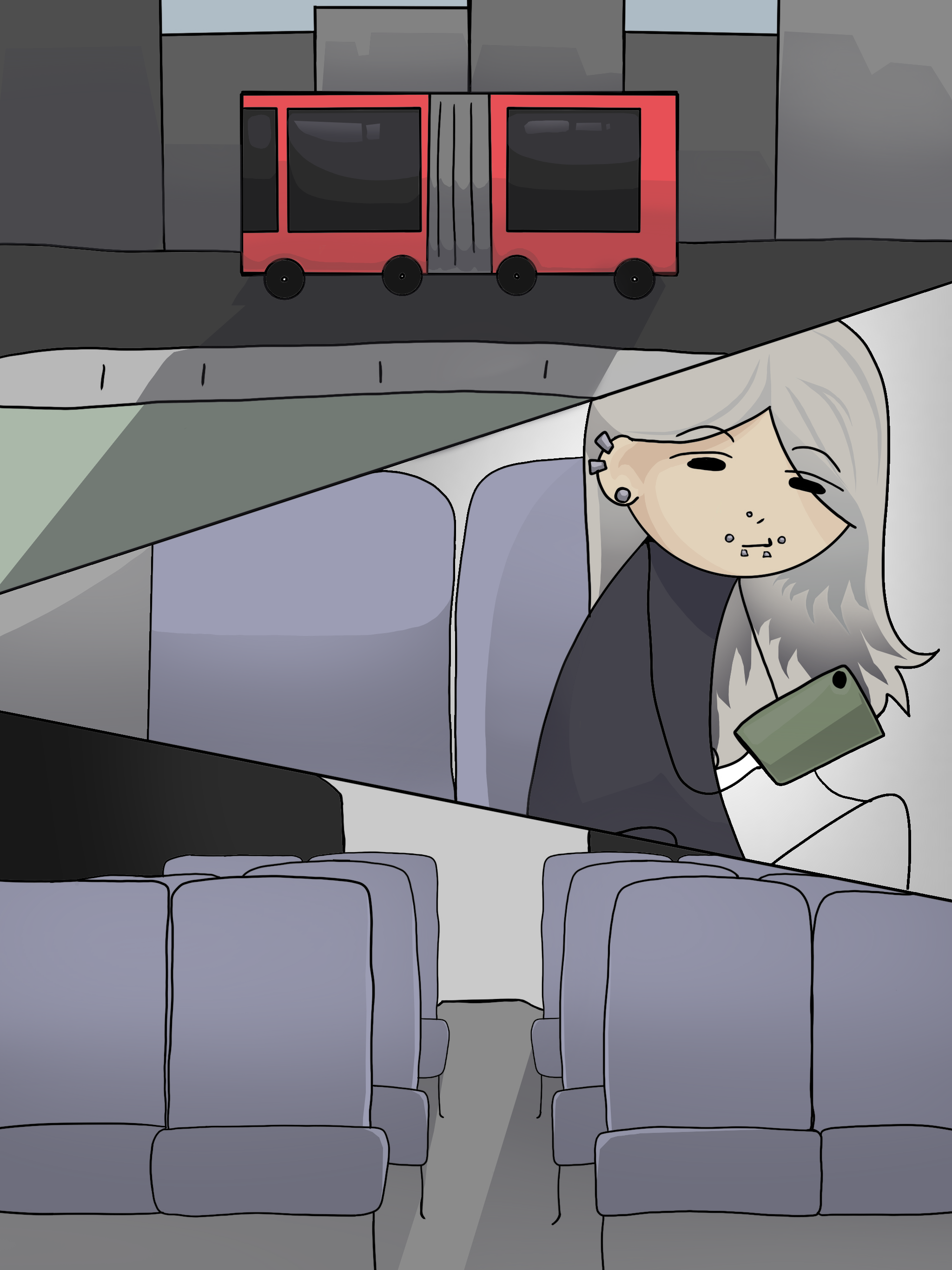 Illustration de style BD. En haut, un bus rouge roule au loin dans une ville grise. À l’intérieur du bus, une adolescente assise seule tient son téléphone et regarde sur le côté. Des rangées de sièges vides l’entourent.